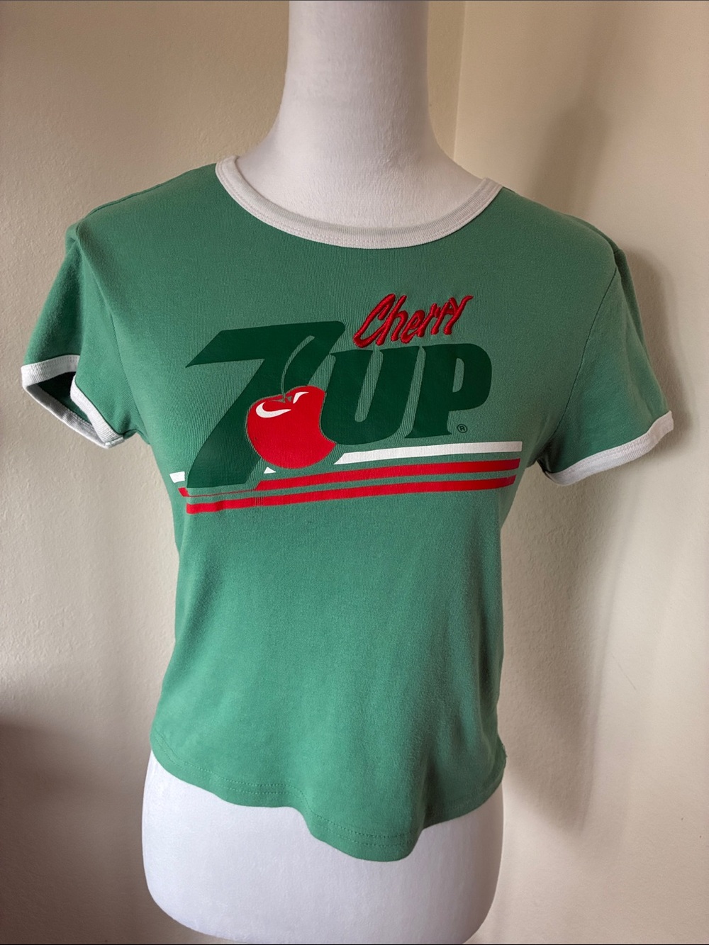Vintage Style Cherry 7UP Green Ringer Tee - Women's
